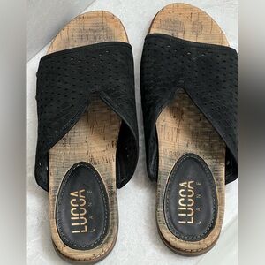Lucca Lane Belinda Black Suede Slip-On Sandals, size 8